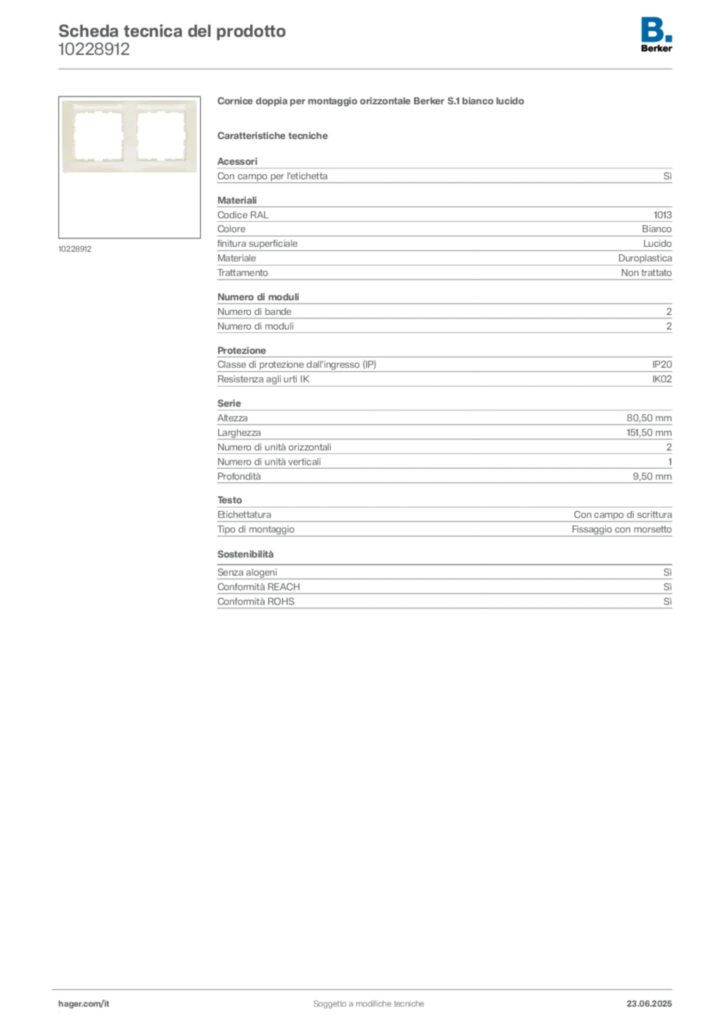 Immagine Berker Scheda tecnica del prodotto 10228912 | Hager Italia