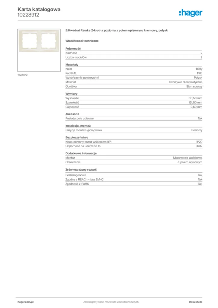 Zdjęcie Hager Karta katalogowa 10228912 | Hager Polska