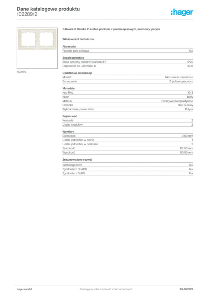 Zdjęcie Hager Dane katalogowe produktu 10228912 | Hager Polska