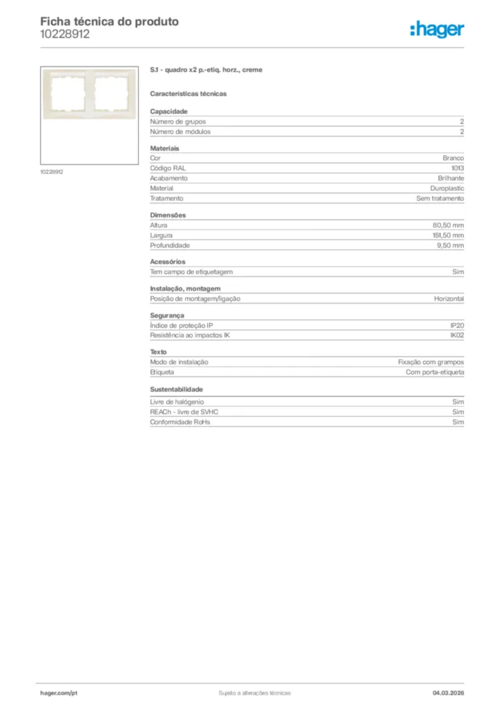 Imagem Hager Ficha técnica do produto 10228912 | Hager Portugal