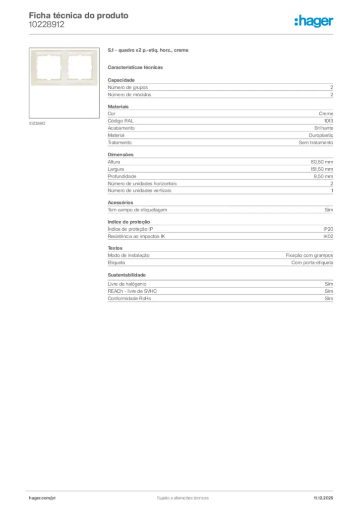 Imagem Hager Ficha técnica do produto 10228912 | Hager Portugal