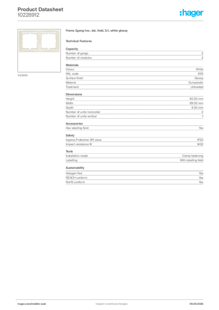 Image Hager Product data sheet 10228912  | Hager