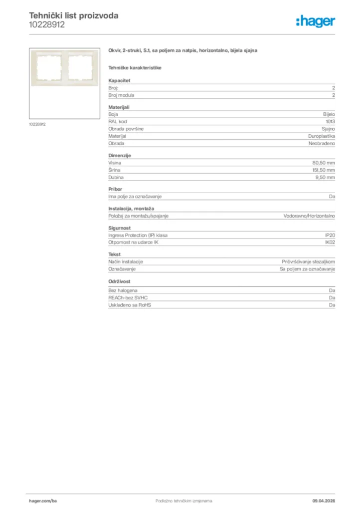 Slika Hager Tehnički list proizvoda 10228912  | Hager