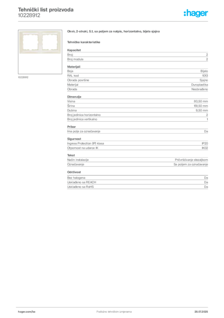 Slika Hager Product data sheet 10228912  | Hager