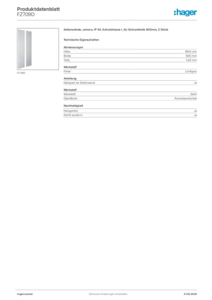 Bild Hager Produktdatenblatt FZ709D | Hager Deutschland