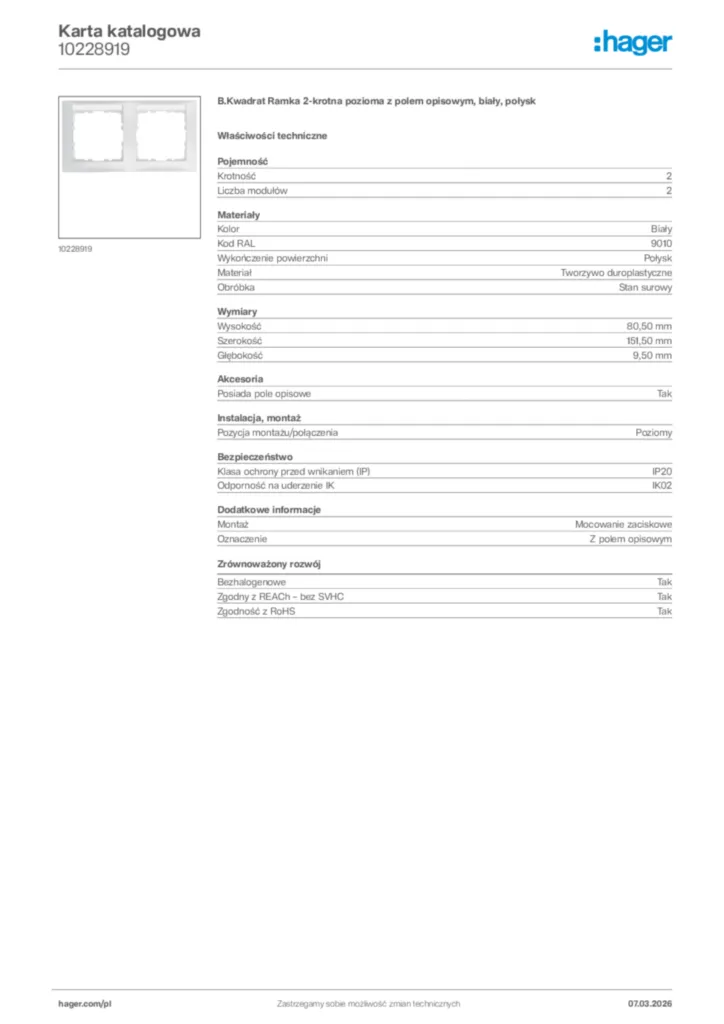 Zdjęcie Hager Karta katalogowa 10228919 | Hager Polska