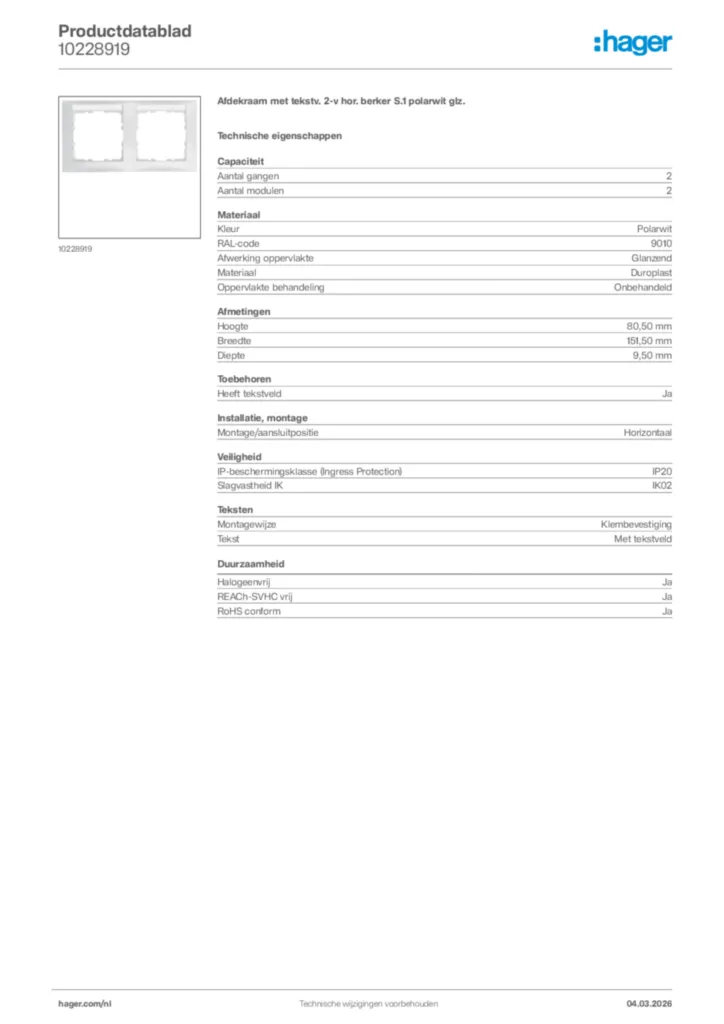 Afbeelding Hager Productdatablad 10228919 | Hager Nederland