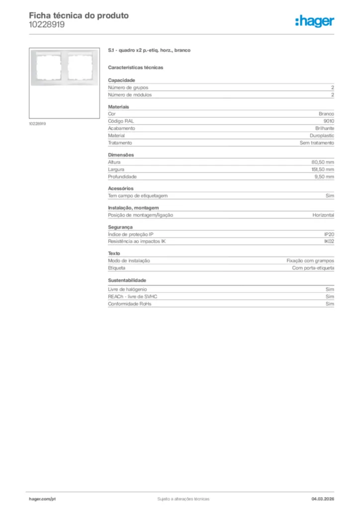 Imagem Hager Ficha técnica do produto 10228919 | Hager Portugal