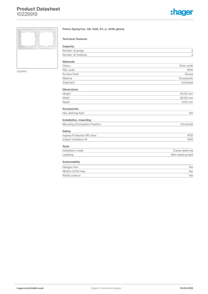 Image Hager Product data sheet 10228919  | Hager