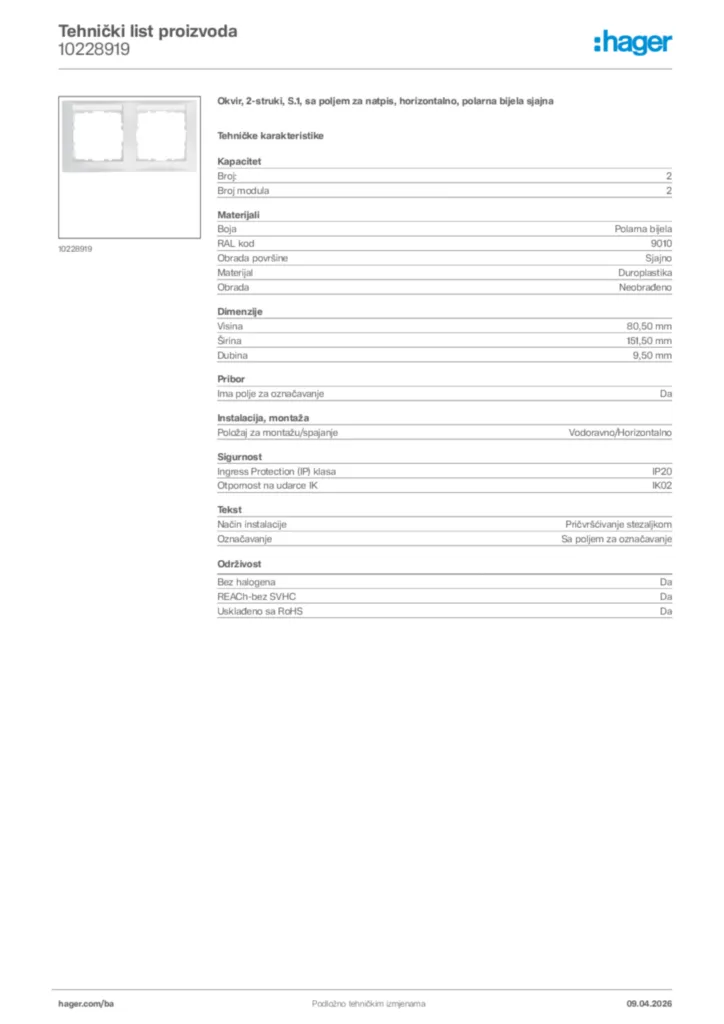 Slika Hager Tehnički list proizvoda 10228919  | Hager