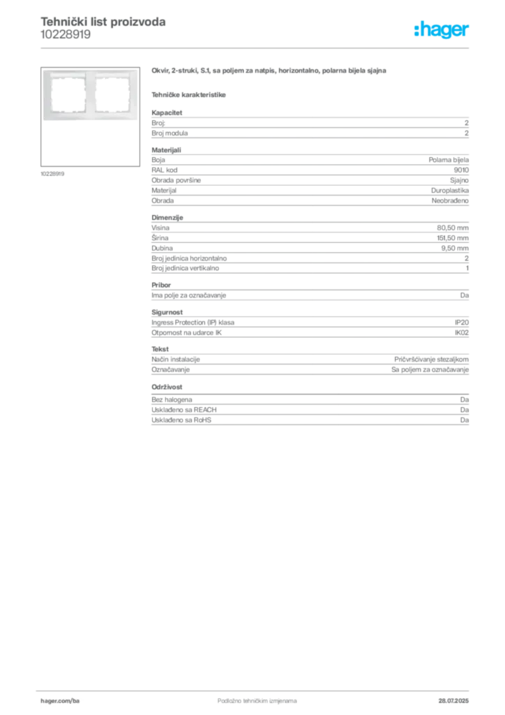 Slika Hager Product data sheet 10228919  | Hager