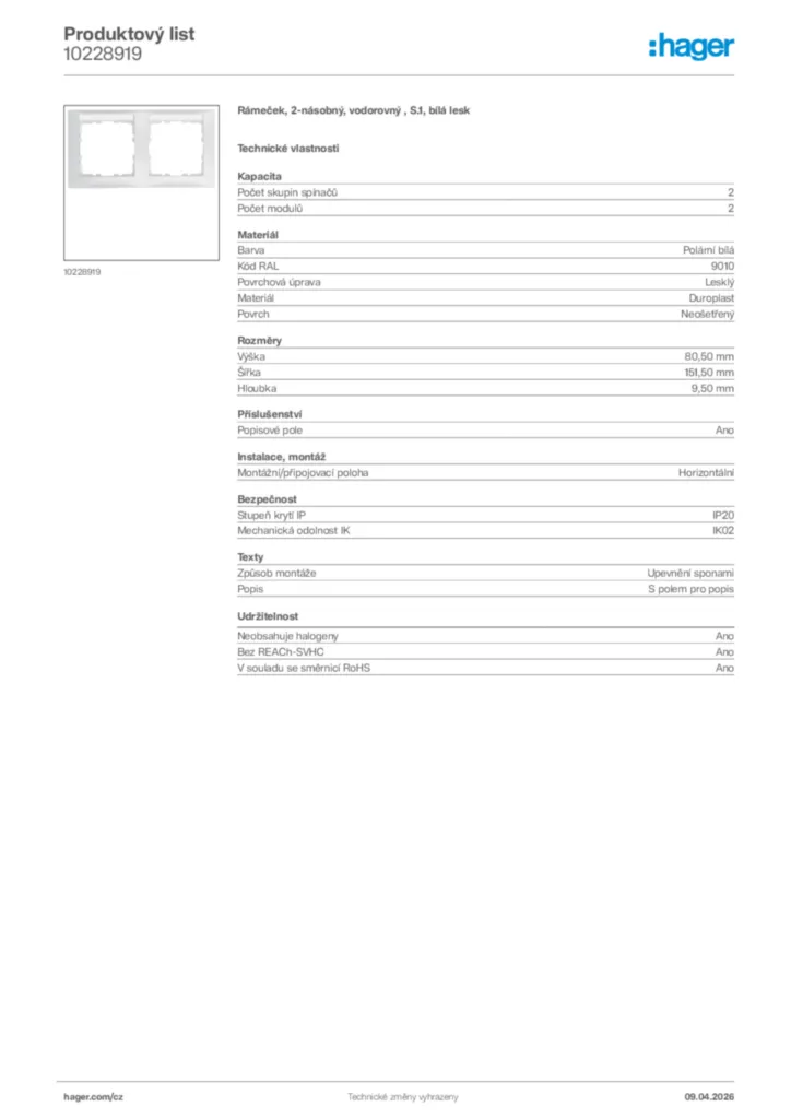 Obrázek Hager Product data sheet 10228919 | Hager