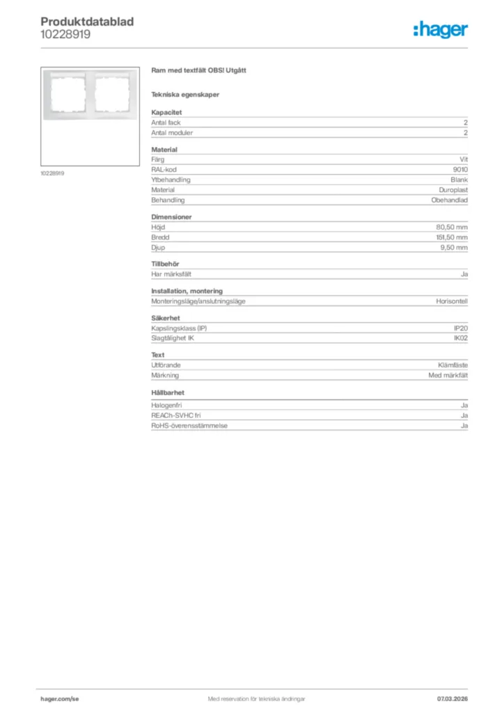 Bild Hager Produktdatablad 10228919 | Hager Sverige