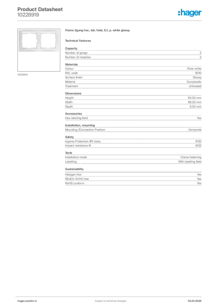 Image Hager Product data sheet 10228919  | Hager