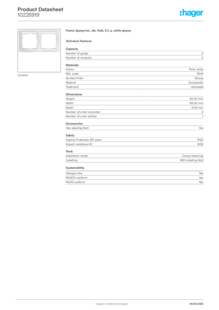 Image Hager Product data sheet 10228919  | Hager