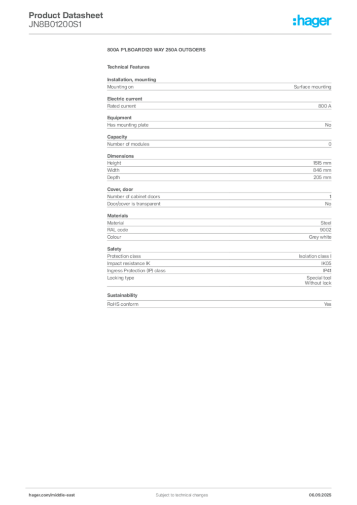 Image Hager Product data sheet JN8B01200S1  | Hager