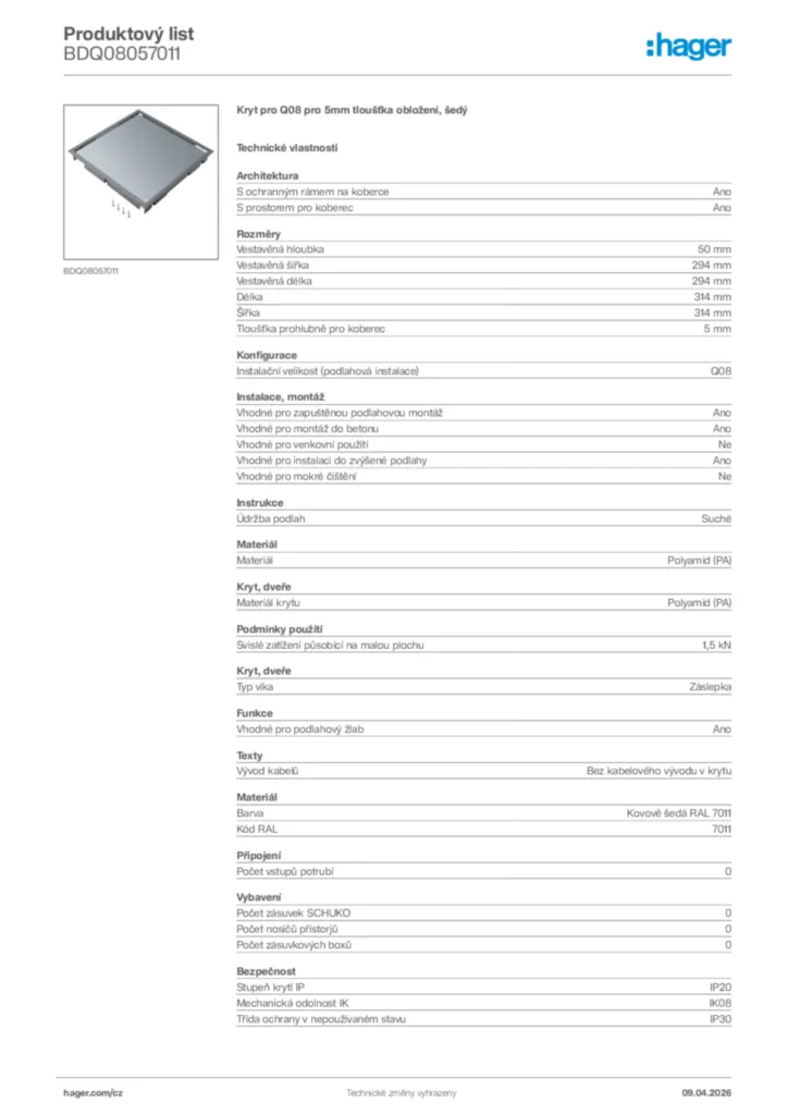 Obrázek Hager Product data sheet BDQ08057011 | Hager
