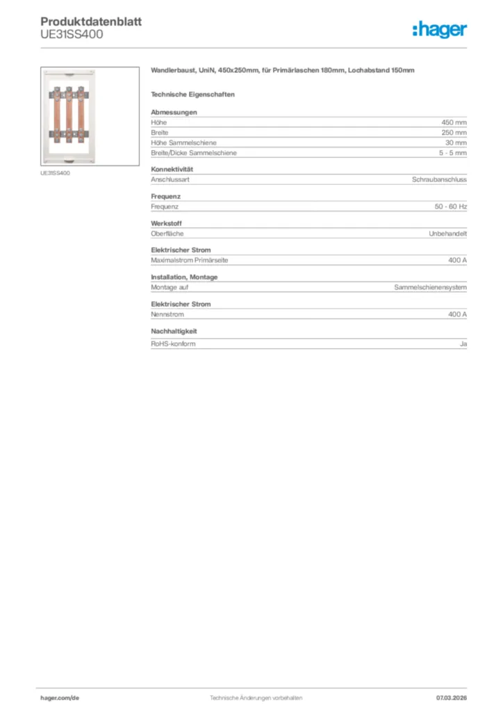 Bild Hager Produktdatenblatt UE31SS400 | Hager Deutschland