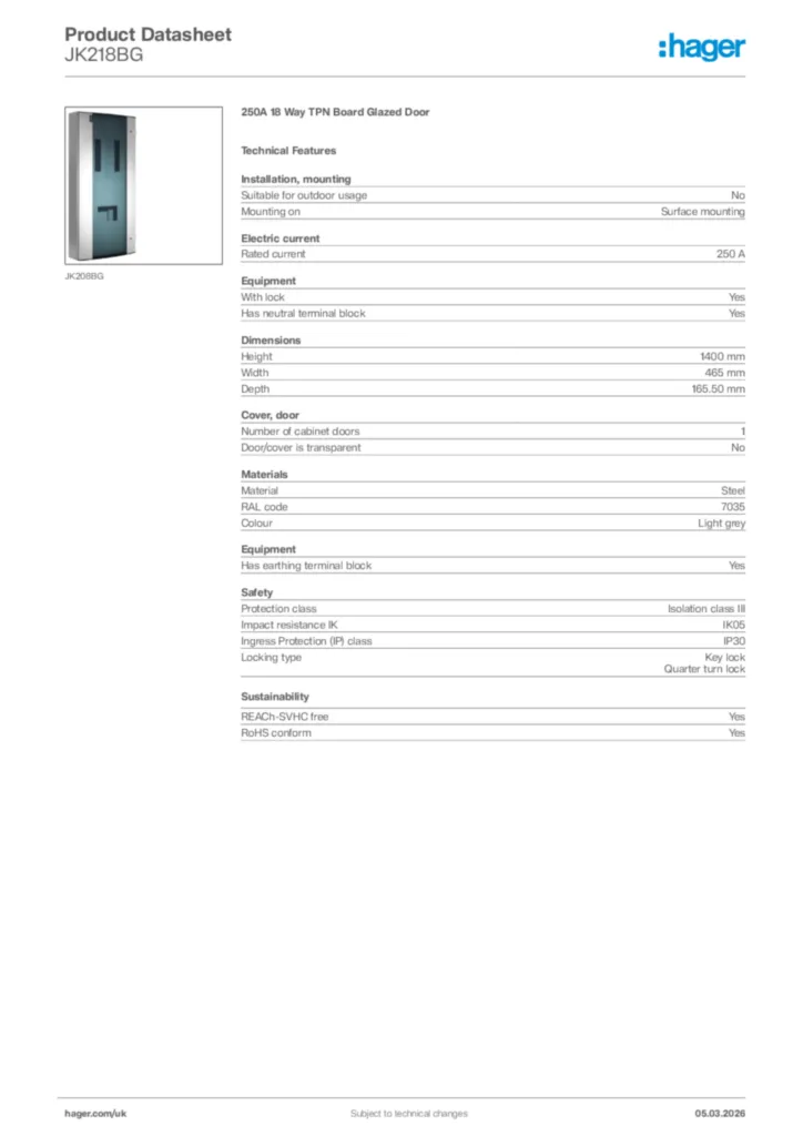 Image Hager Product data sheet JK218BG  | Hager