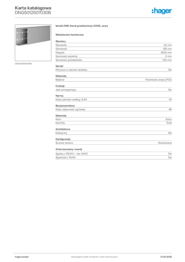 Zdjęcie Hager Karta katalogowa DNG5012507030B | Hager Polska