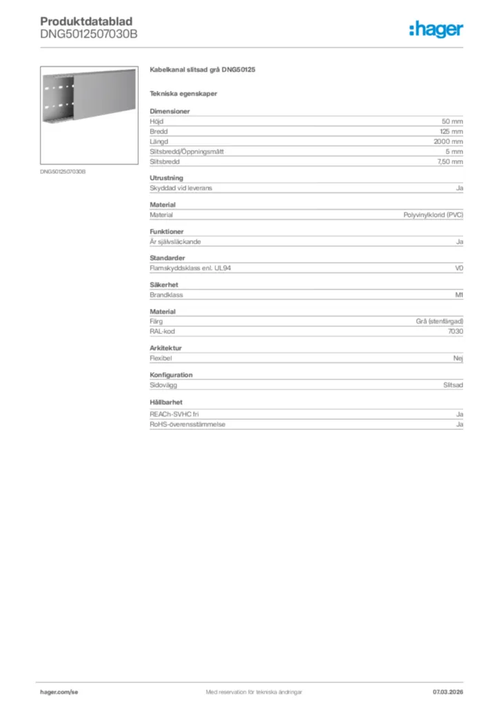 Bild Hager Produktdatablad DNG5012507030B | Hager Sverige