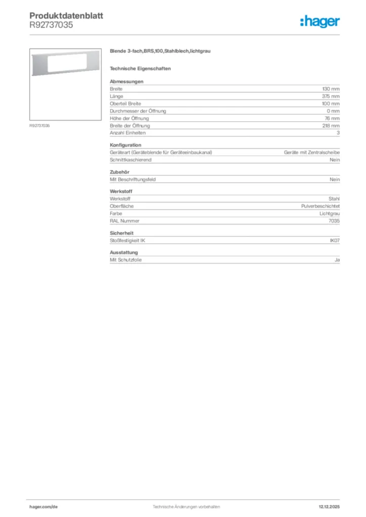 Bild Hager Produktdatenblatt R92737035 | Hager Deutschland