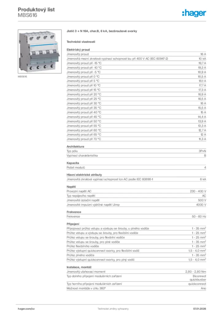 Obrázek Hager Product data sheet MBS616 | Hager