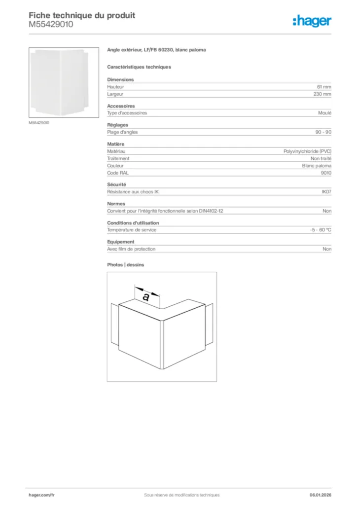 Image Hager Fiche technique du produit M55429010 | Hager France