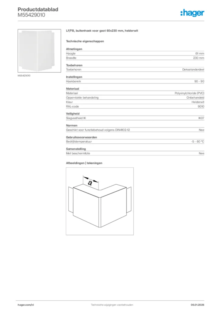 Afbeelding Hager Productdatablad M55429010 | Hager Nederland