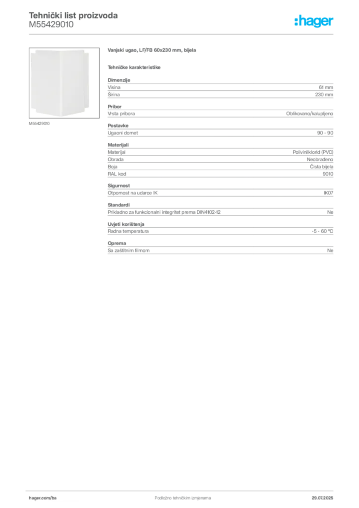 Slika Hager Product data sheet M55429010  | Hager