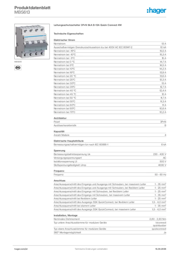 Bild Hager Produktdatenblatt MBS613 | Hager Deutschland