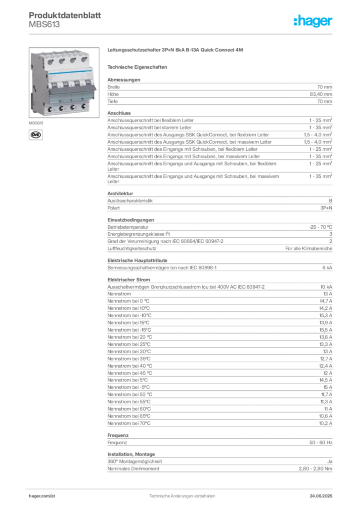 Bild Hager Produktdatenblatt MBS613 | Hager Deutschland