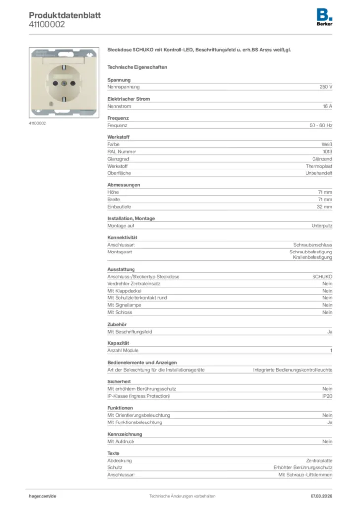 Bild Berker Produktdatenblatt 41100002 | Hager Deutschland