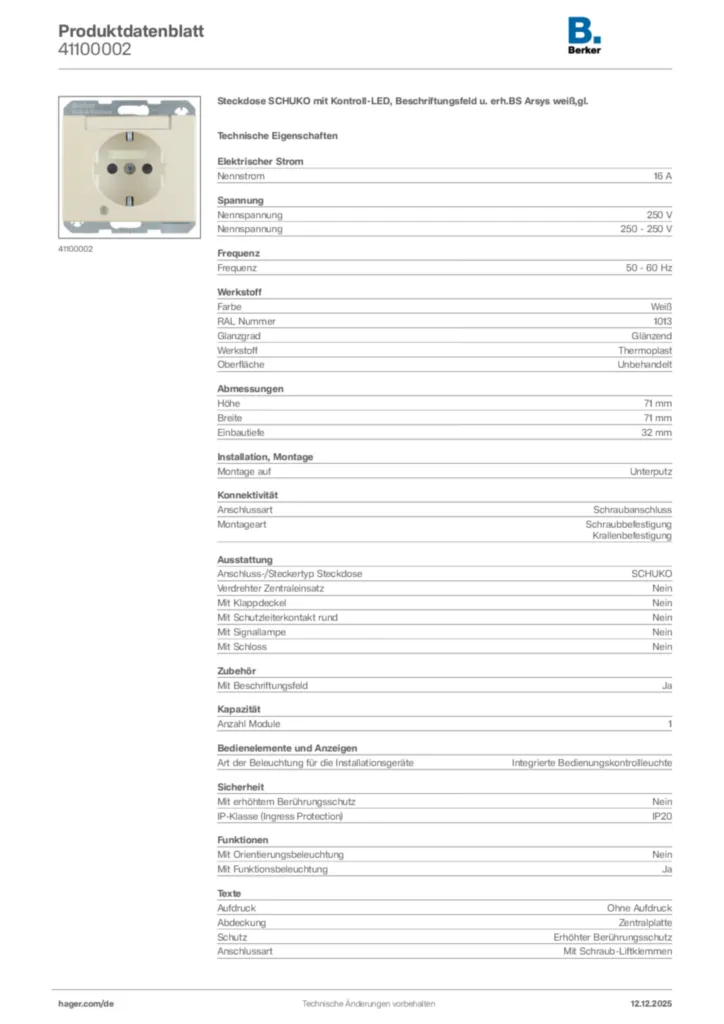 Bild Berker Produktdatenblatt 41100002 | Hager Deutschland
