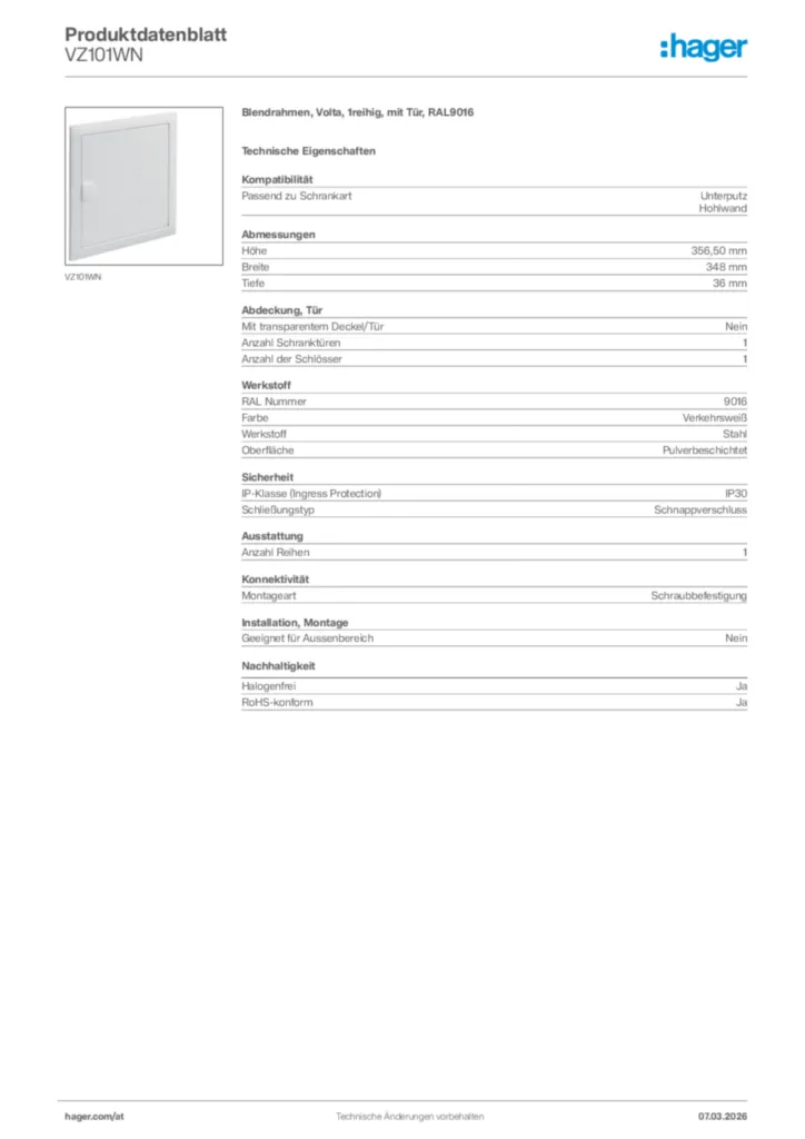 Bild Hager Produktdatenblatt VZ101WN | Hager Deutschland