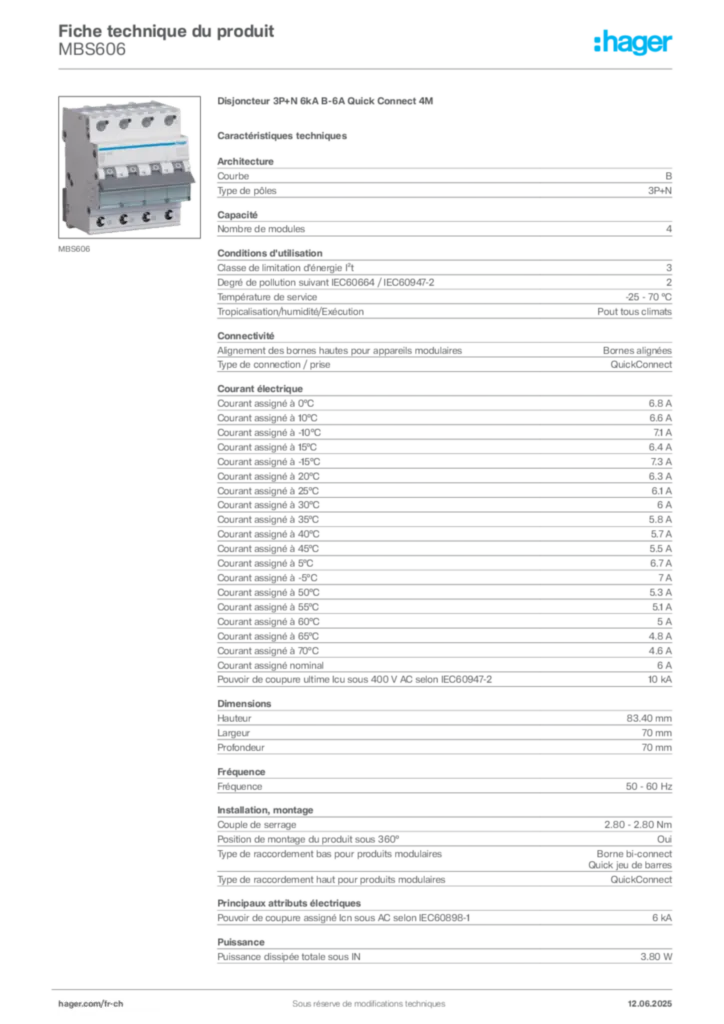 Image Hager Fiche technique du produit MBS606 | Hager Suisse