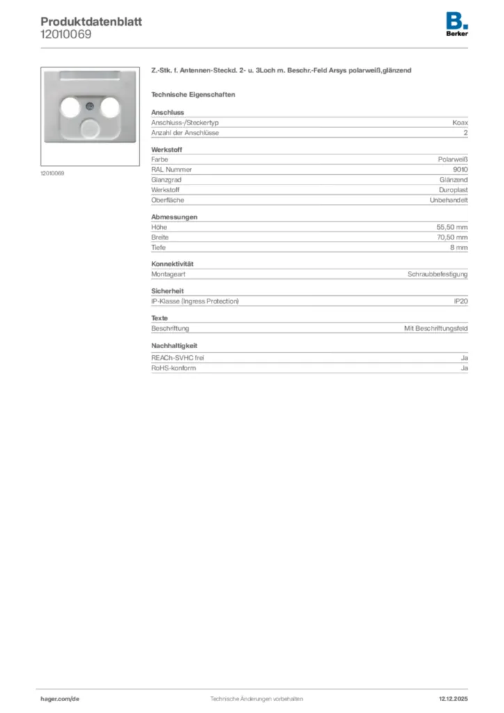 Bild Berker Produktdatenblatt 12010069 | Hager Deutschland