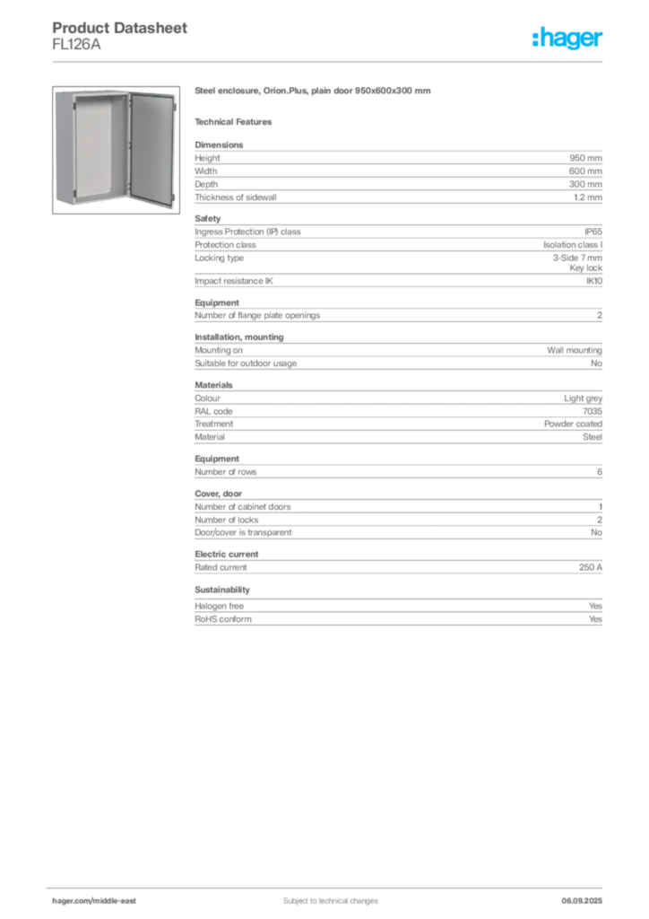Image Hager Product data sheet FL126A  | Hager