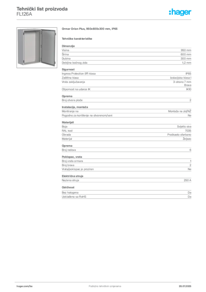 Slika Hager Product data sheet FL126A  | Hager