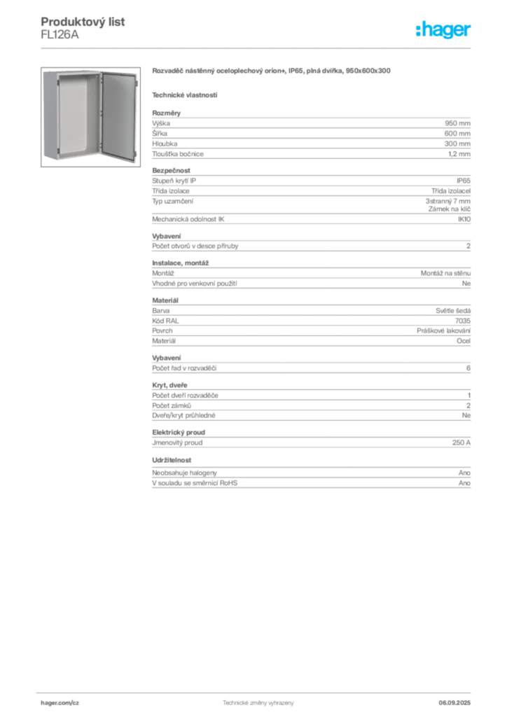 Obrázek Hager Produktový list FL126A | Hager