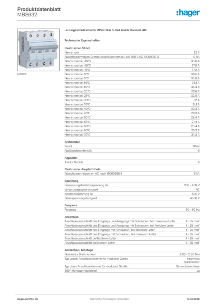 Bild Hager Produktdatenblatt MBS632 | Hager Schweiz