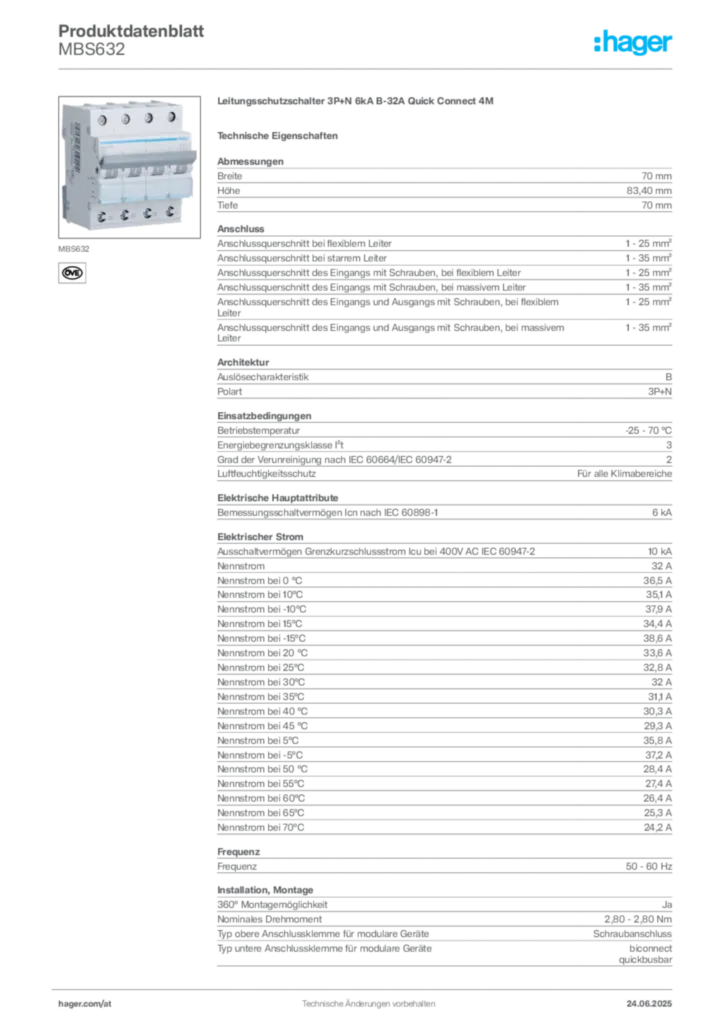 Bild Hager Produktdatenblatt MBS632 | Hager Deutschland