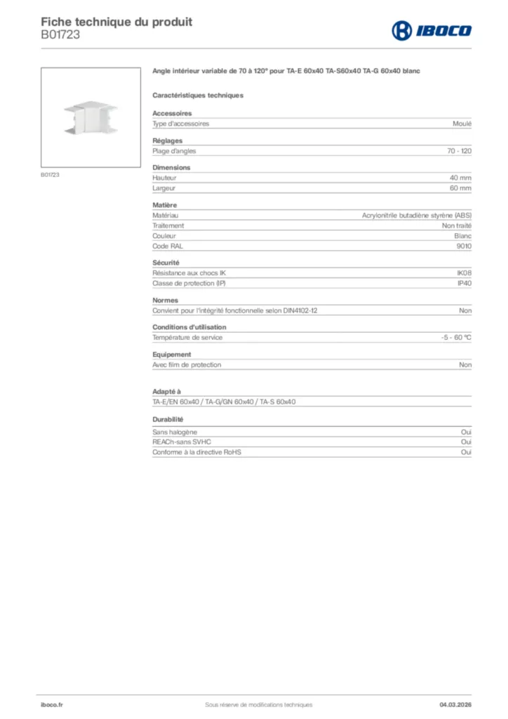 Image Iboco Fiche technique du produit B01723 | Hager France