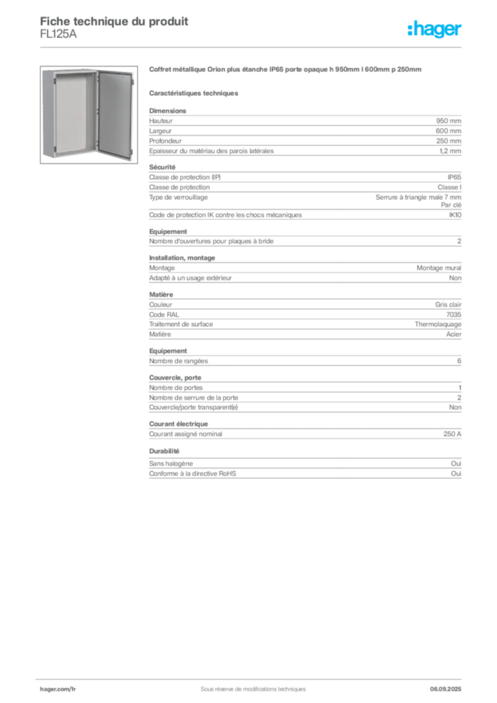 Image Hager Fiche technique du produit FL125A | Hager France
