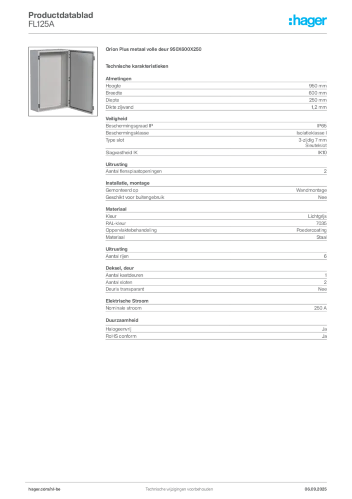 Afbeelding Hager Productdatablad FL125A | Hager Belgium