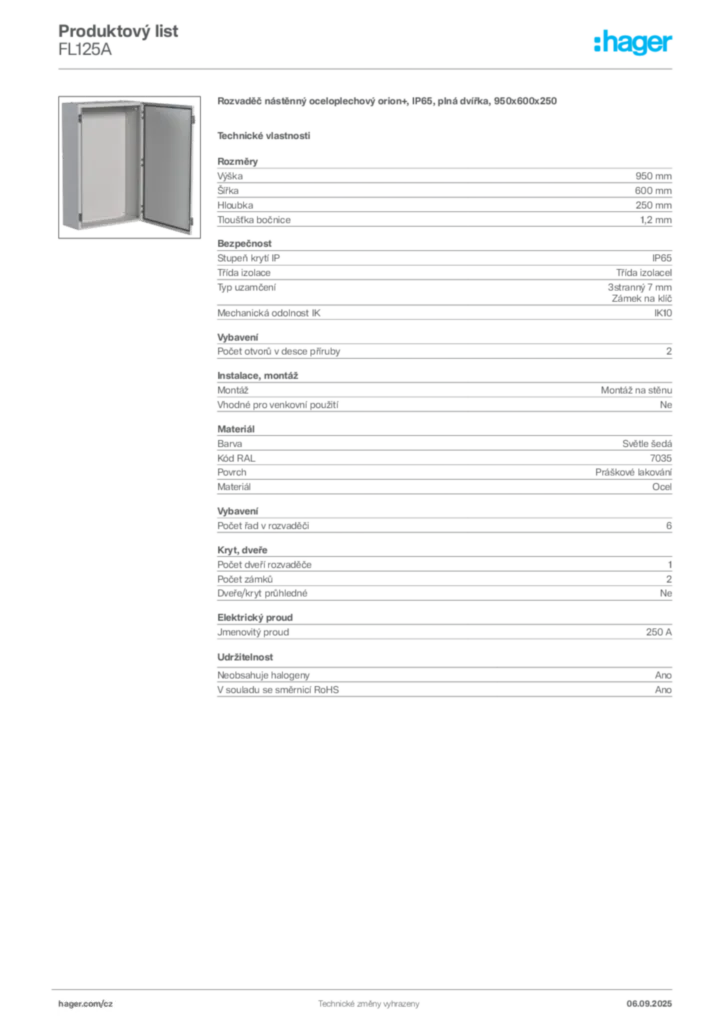 Obrázek Hager Produktový list FL125A | Hager