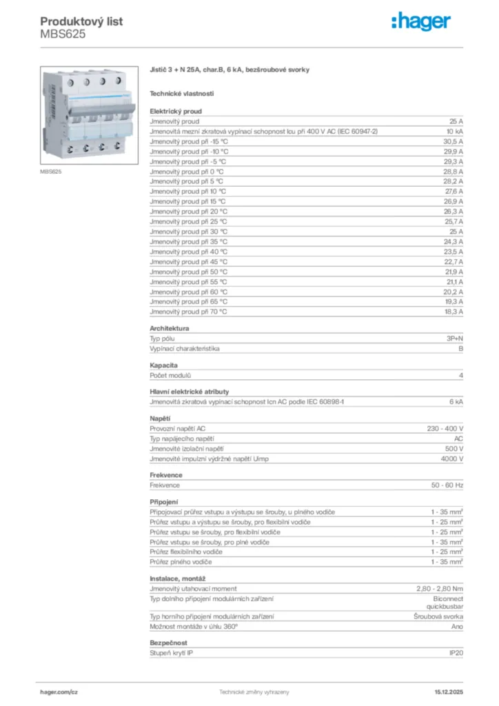 Obrázek Hager Produktový list MBS625 | Hager