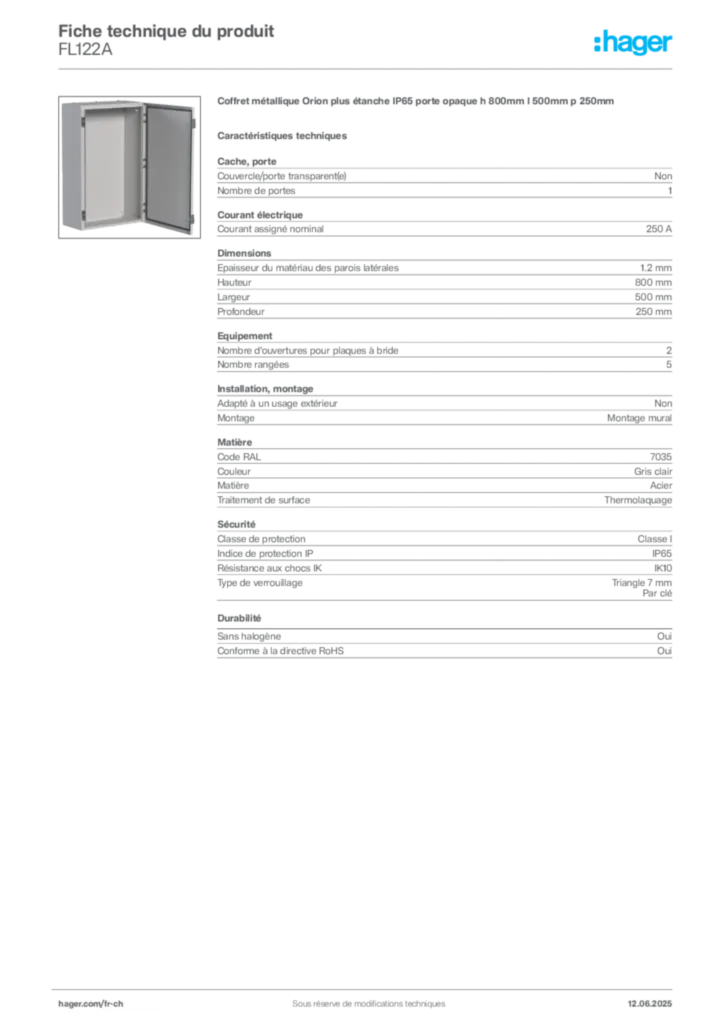 Image Hager Fiche technique du produit FL122A | Hager Suisse