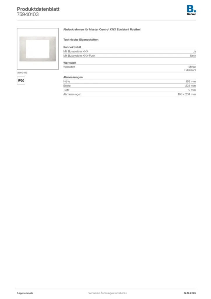 Bild Berker Produktdatenblatt 75940103 | Hager Deutschland
