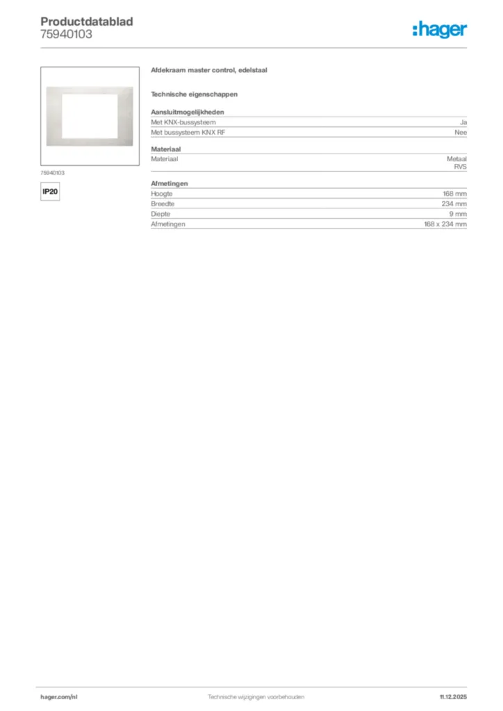 Afbeelding Hager Productdatablad 75940103 | Hager Nederland
